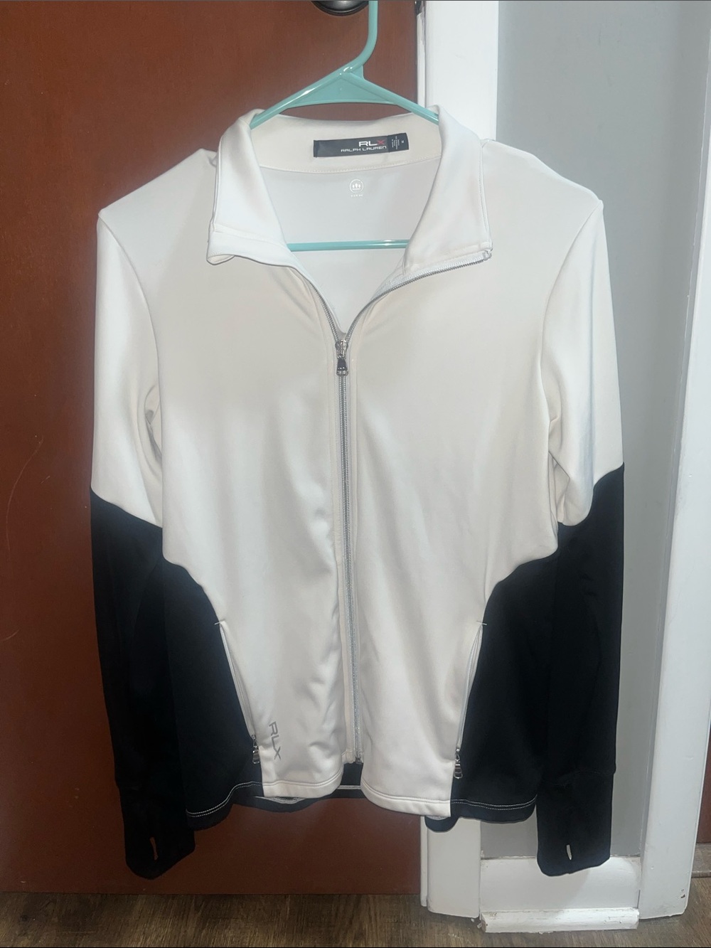 RLX Ralph Lauren White and Black Zip-Front Athletic Bomber Jacket